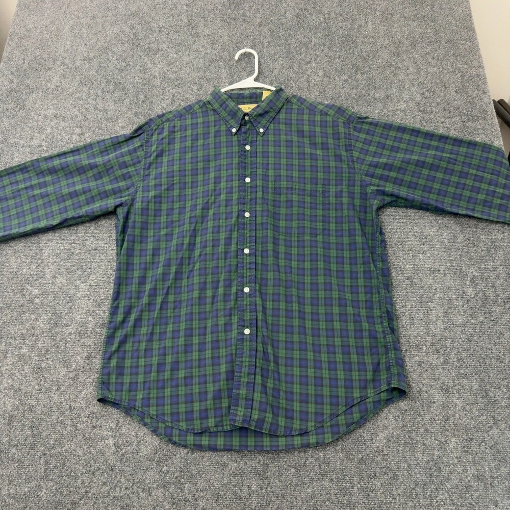 Vintage LL Bean Button Down Mens L Green Cotton Plaid Long Sleeve Outdoor